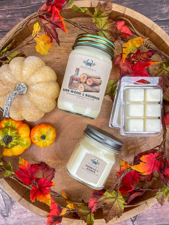 Barn wood & bourbon scented soy candle